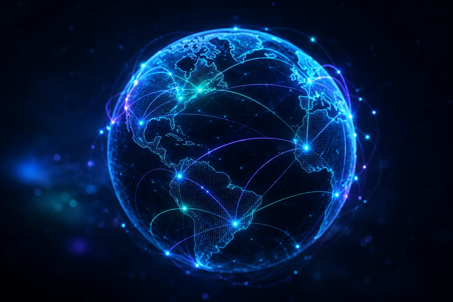 グローバル・スマートルーティングネットワーク：発光する線枠の地球と大陸をつなぐ光の弧